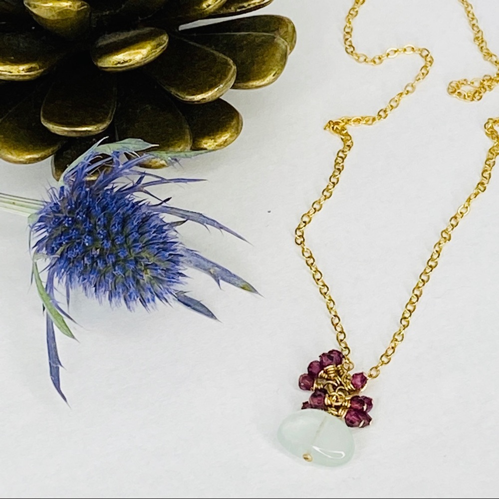 Aquamarine+garnet necklace 18” goldfilled
